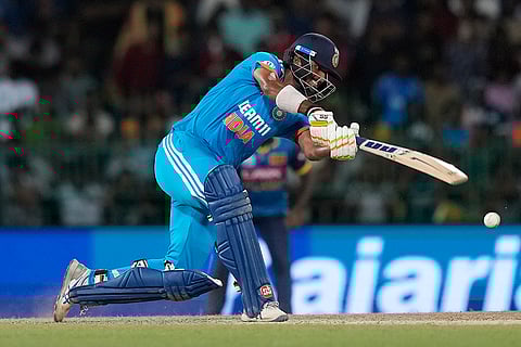 Washington Sundar plays a shot against Sri Lanka